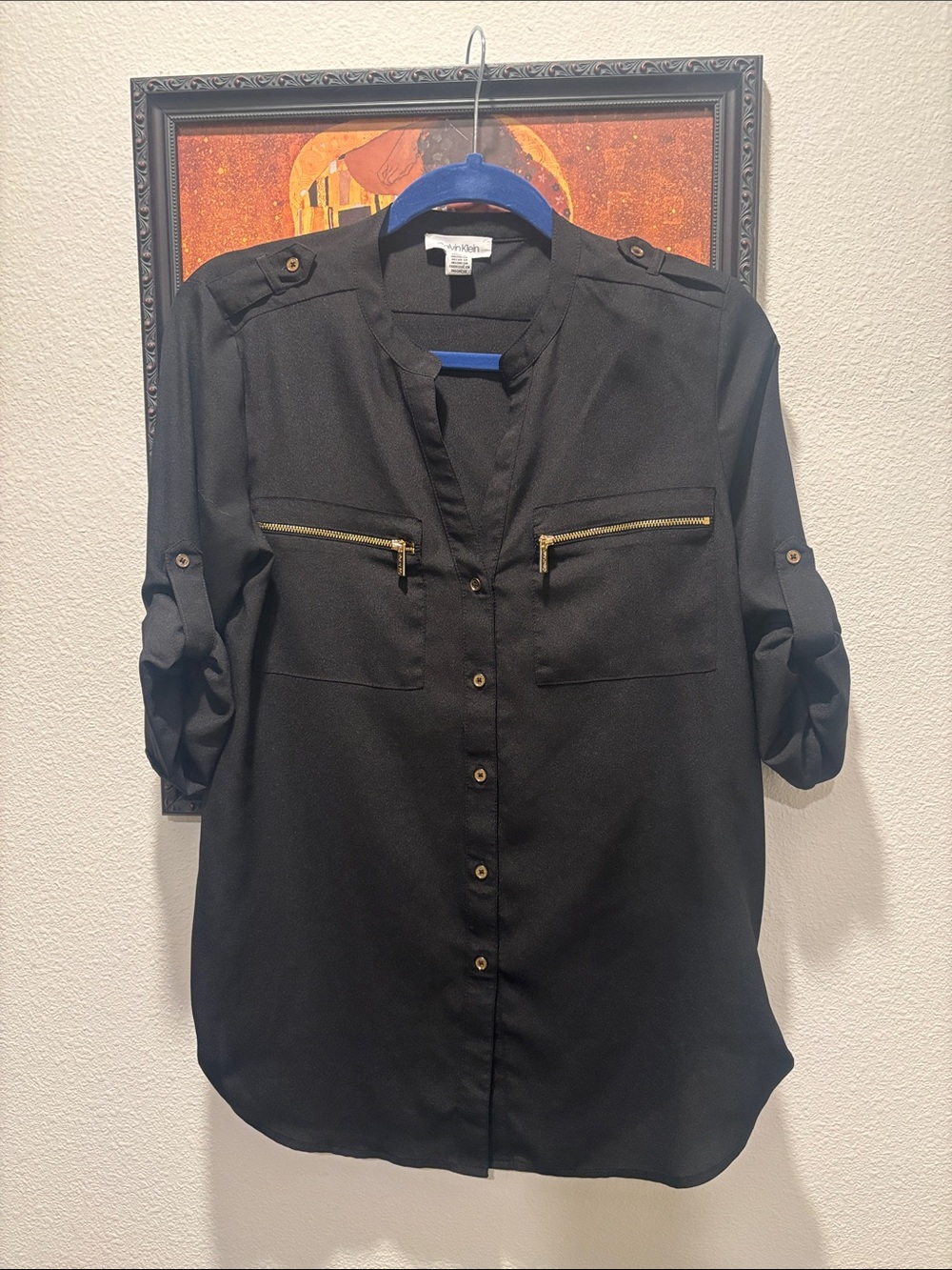 Calvin Klein Black Button-Front Blouse with Gold Zippers